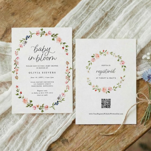 Convite Chuva de Bebê Menina Bebê em Flor Rosa Floral (Baby in bloom baby shower invitation with oval watercolor floral frame and pink flowers)