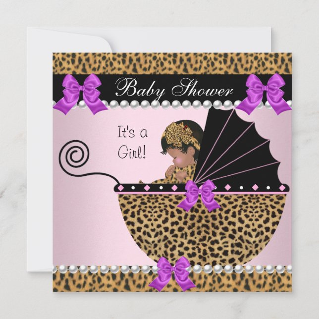 Convite Chuva de Bebê Menina Bebê Fofa Leopardo Roxo Rosa (Frente)