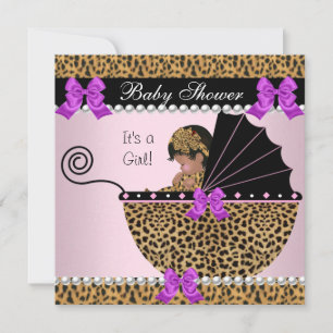 Convite Chuva de Bebê Menina Bebê Fofa Leopardo Roxo Rosa