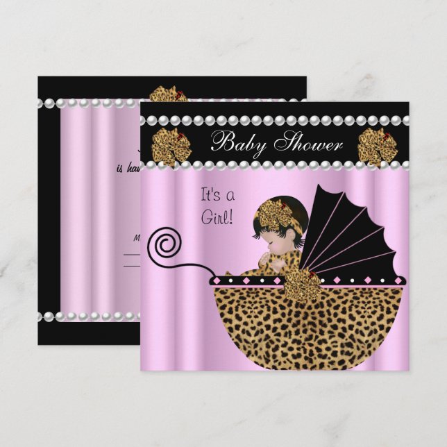 Convite Chuva de Bebê Menina Bebê Fofo Arco Leopardo Rosa (Frente/Verso)