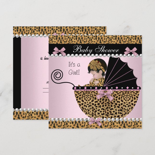 Convite Chuva de Bebê Menina Bebê Fofo Arco Leopardo Rosa (Frente/Verso)