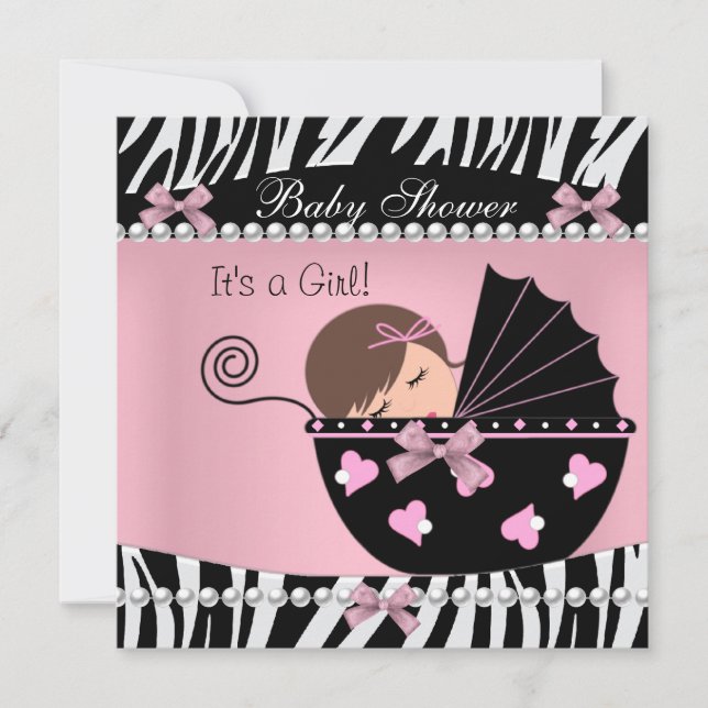 Convite Chuva de Bebê Menina Bebê Fofo Estampa de Zebra Ro (Frente)