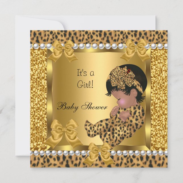 Convite Chuva de Bebê Menina Bebê Fofo Leopardo Dourado (Frente)