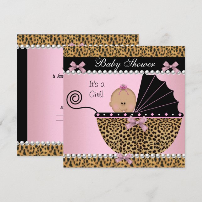 Convite Chuva de Bebê Menina Bebê Fofo Leopardo Rosa (Frente/Verso)