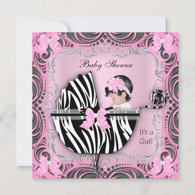 Convite Chuva de Bebê Menina Bebê Fofo Rosa Cinza Zebra (Frente)