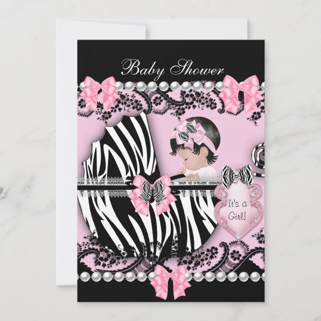 Convite Chuva de Bebê Menina Bebê Fofo Rosa Zebra Renda 2 (Frente)
