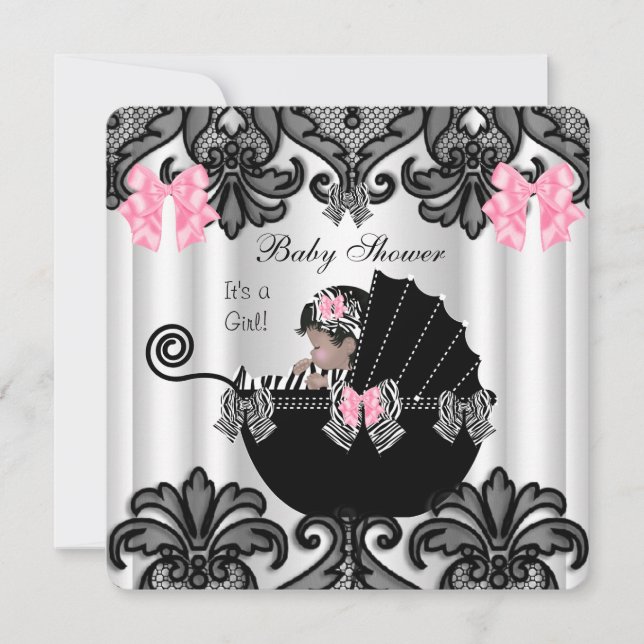 Convite Chuva de Bebê Menina Bebê Fofo Zebra Rosa Branco P (Frente)