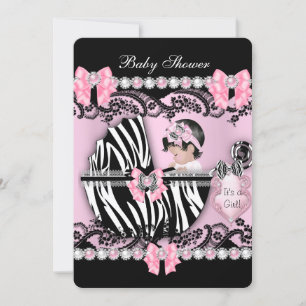 Convite Chuva de Bebê Menina Bebê Fofo Zebra Rosa Pérolas