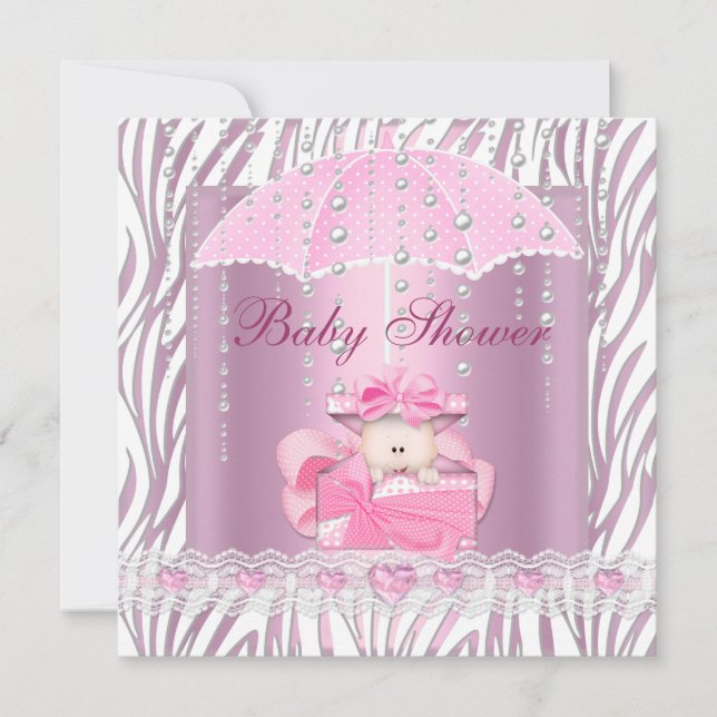 Convite Chuva de Bebê Menina Bebê Rosa Guarda-Chuva Branco (Frente)