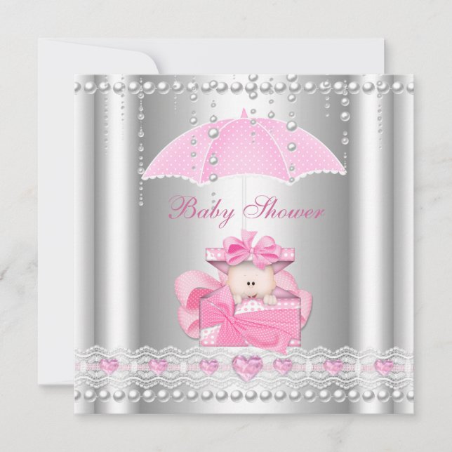 Convite Chuva de Bebê Menina Bebê Rosa Guarda-Chuva Pérola (Frente)