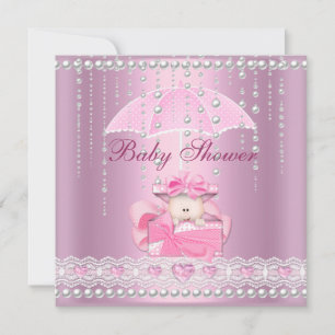 Convite Chuva de Bebê Menina Bebê Rosa Guarda-Chuva Pérola