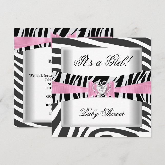Convite Chuva de Bebê Menina Bebê Rosa Preto Branco Zebra (Frente/Verso)