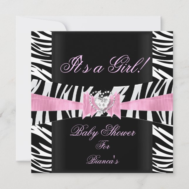 Convite Chuva de Bebê Menina Bebê Rosa Preto Branco Zebra (Frente)