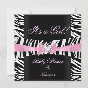 Convite Chuva de Bebê Menina Bebê Rosa Preto Branco Zebra