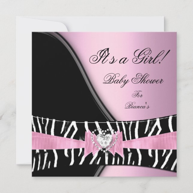 Convite Chuva de Bebê Menina Bebê Rosa Preto Zebra (Frente)