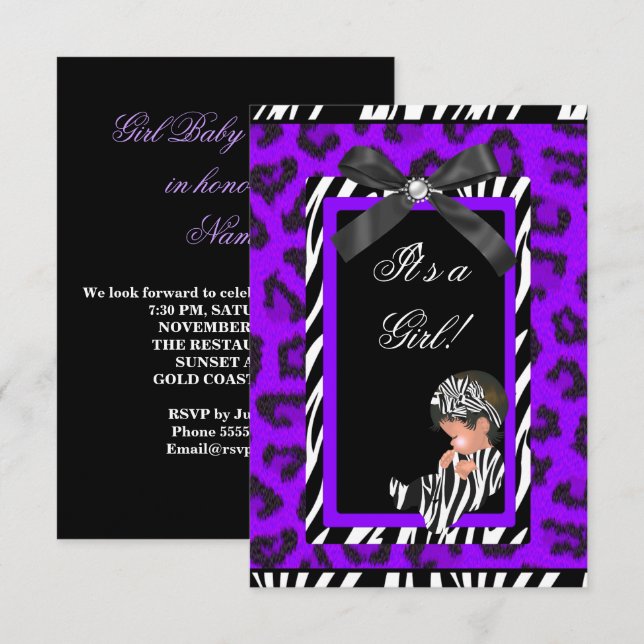 Convite Chuva de Bebê Menina Bebê Roxo Preto Zebra (Frente/Verso)