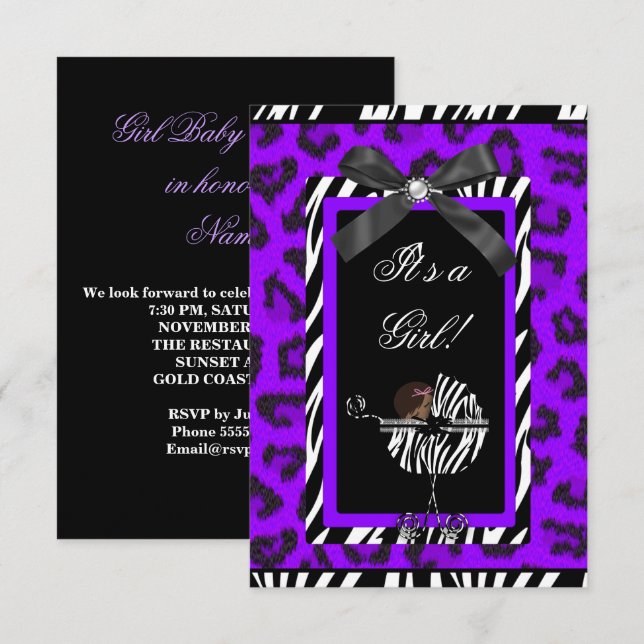 Convite Chuva de Bebê Menina Bebê Roxo Preto Zebra (Frente/Verso)