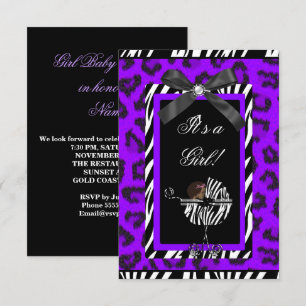 Convite Chuva de Bebê Menina Bebê Roxo Preto Zebra