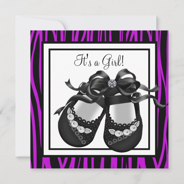 Convite Chuva de Bebê Menina Bebê Sapatos Zebra Roxo (Frente)