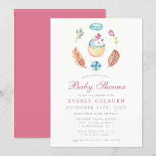 Convite Chuva de Bebê Menina Boho Aquarela Passarinho