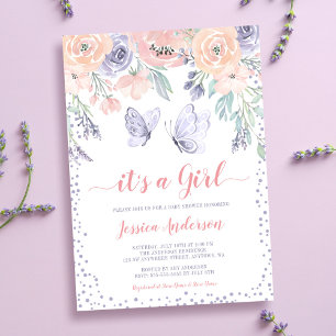Convite Chuva de Bebê Menina Borboleta Floral Rosa Roxo