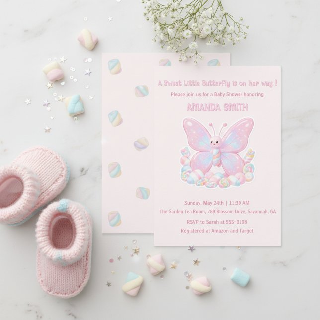 Convite Chuva de Bebê Menina Borboleta Morango Rosa  (Pink Strawberry Butterfly Girl Baby Shower Invitation)