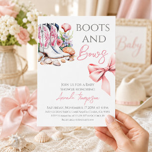 Convite Chuva de Bebê Menina Botas Ocidentais Rosa e Laços