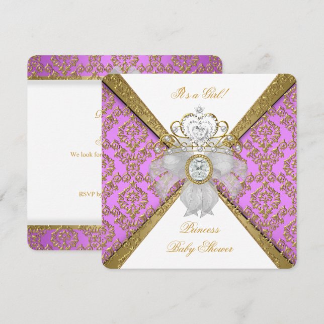 Convite Chuva de Bebê Menina Branco Roxo Princesa Damasco (Frente/Verso)