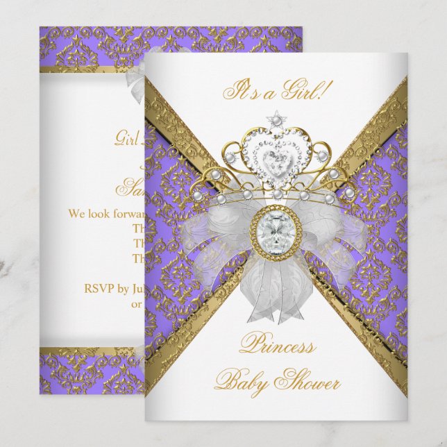 Convite Chuva de Bebê Menina Branco Roxo Princesa Damasco (Frente/Verso)