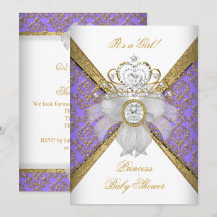 Convite Chuva de Bebê Menina Branco Roxo Princesa Damasco