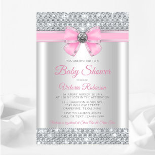 Convite Chuva de Bebê Menina Brilho Prata Rosa Luxo