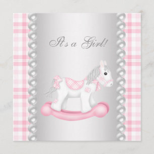 Convite Chuva de Bebê Menina Cavalo de Pau Xadrez Rosa Pér