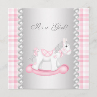 Convite Chuva de Bebê Menina Cavalo de Pau Xadrez Rosa Pér