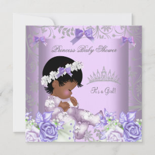 Convite Chuva de Bebê Menina Cinza Lavanda Afro-Americana