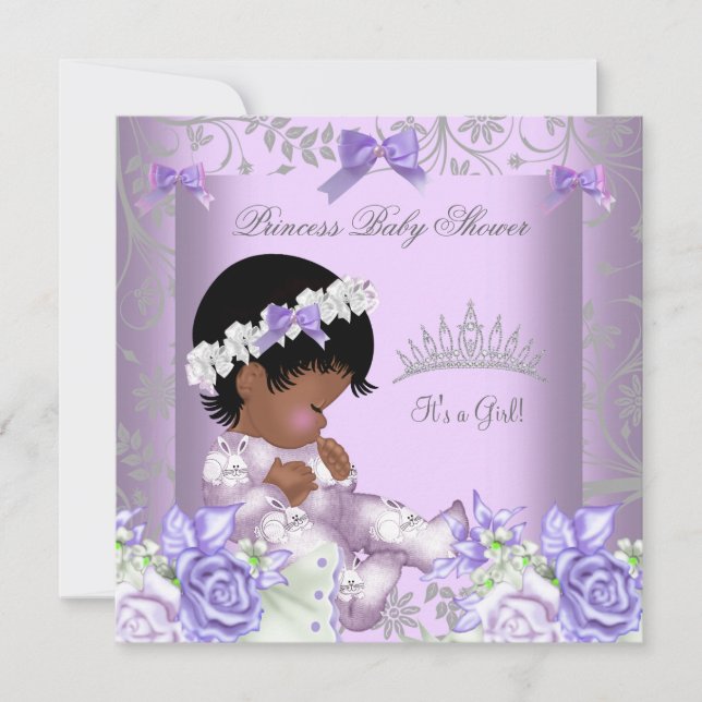 Convite Chuva de Bebê Menina Cinza Lavanda Afro-Americana (Frente)