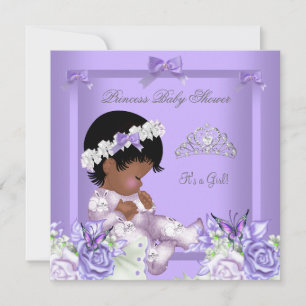 Convite Chuva de Bebê Menina Cinza Lavanda Afro-Americana 