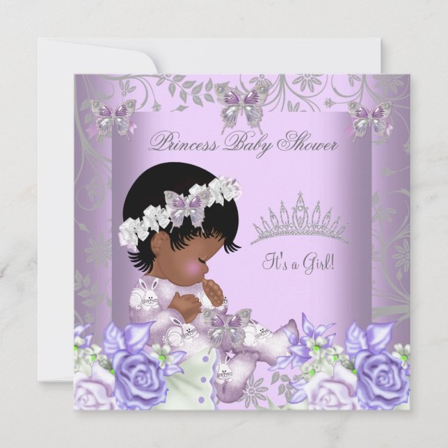Convite Chuva de Bebê Menina Cinza Lavanda Afro-Americana  (Frente)