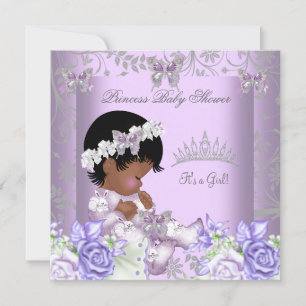 Convite Chuva de Bebê Menina Cinza Lavanda Afro-Americana 
