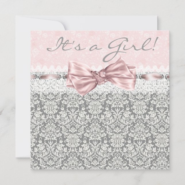 Convite Chuva de Bebê Menina Cinza Rosa Damasco (Frente)