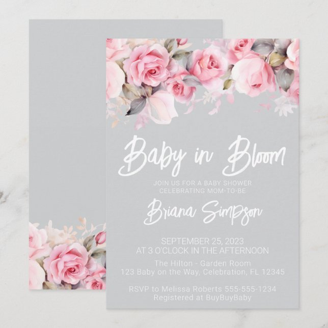 Convite Chuva de Bebê Menina Cinza Rosas Rosa (Frente/Verso)