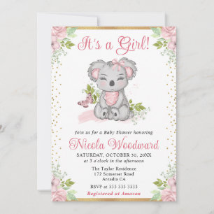 Convite Chuva de Bebê Menina Coala Floral Fofo Aquarela