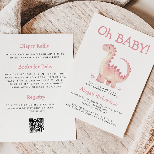 Convite Chuva de Bebê Menina Código QR Dinossauro Rosa Oh  (Criador carregado)