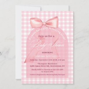 Convite Chuva de Bebê Menina com Arco de Gingham Rosa Fofo