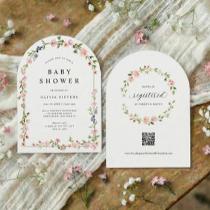 Convite Chuva de Bebê Menina com Arco Floral Rosa