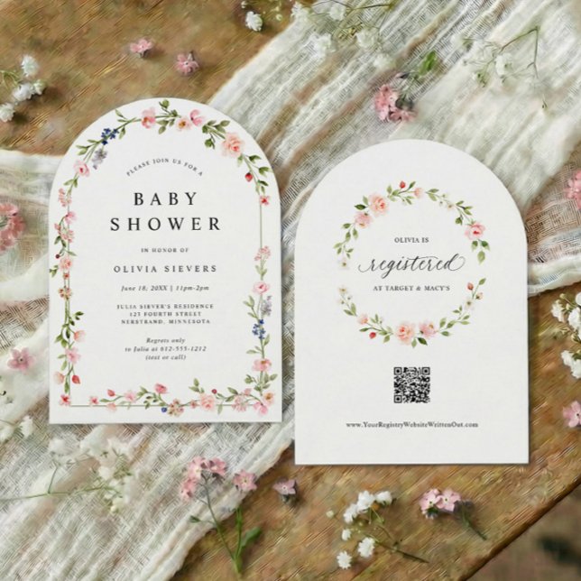 Convite Chuva de Bebê Menina com Arco Floral Rosa (Baby girl shower invitation with watercolor floral arch and pink botanical flowers)