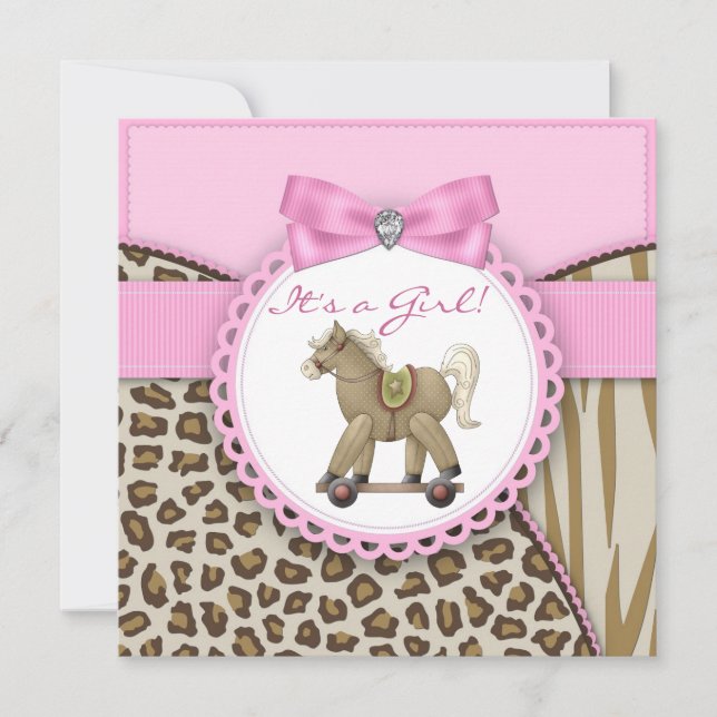 Convite Chuva de Bebê Menina com Cavalo Marrom e Rosa (Frente)