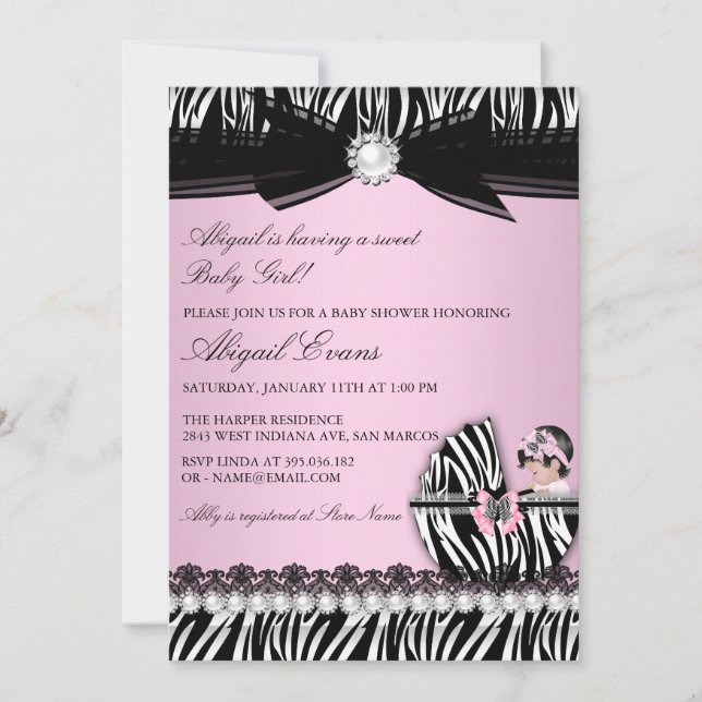 Convite Chuva de Bebê Menina com Estampa de Zebra e Laço (Frente)