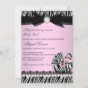 Convite Chuva de Bebê Menina com Estampa de Zebra e Laço