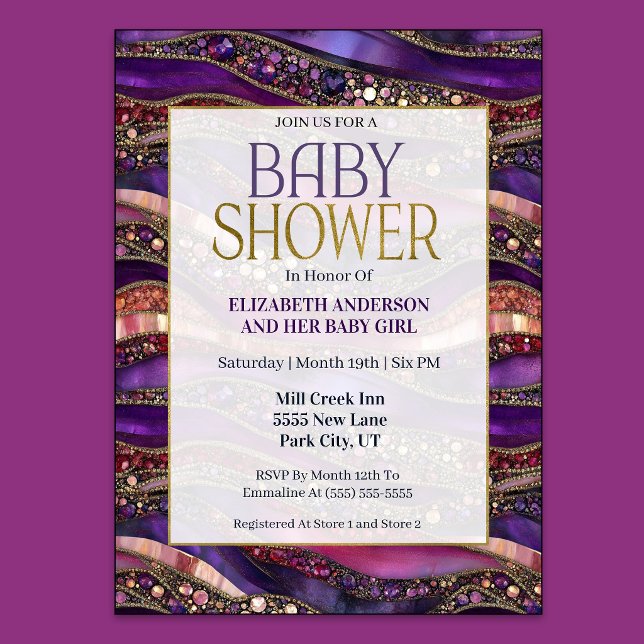 Convite Chuva de Bebê Menina com Estratos de Joias em Dour (Purple and Gold Jeweled Strata Baby Shower Invitation)