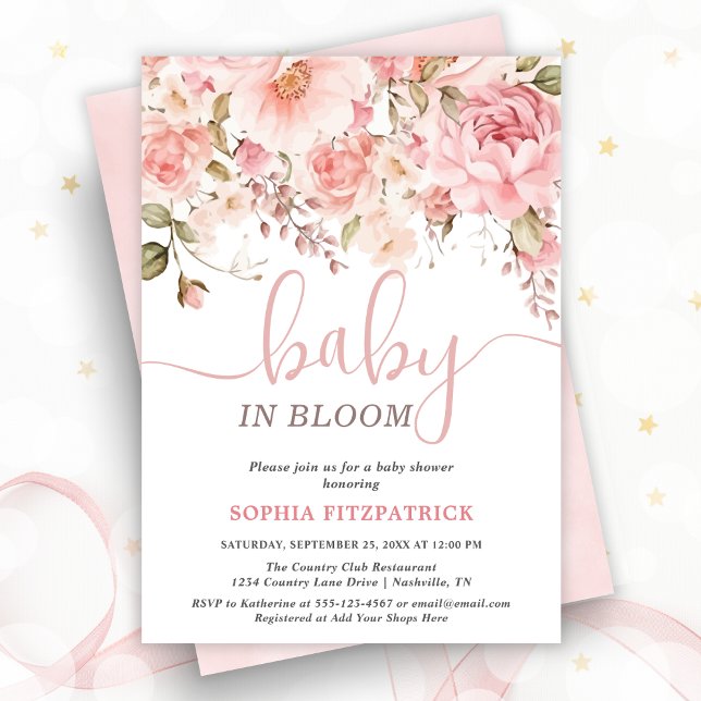 Convite Chuva de Bebê Menina com Flores em Aquarela (Baby in Bloom Watercolor Flowers Girl Baby Shower Invitation)